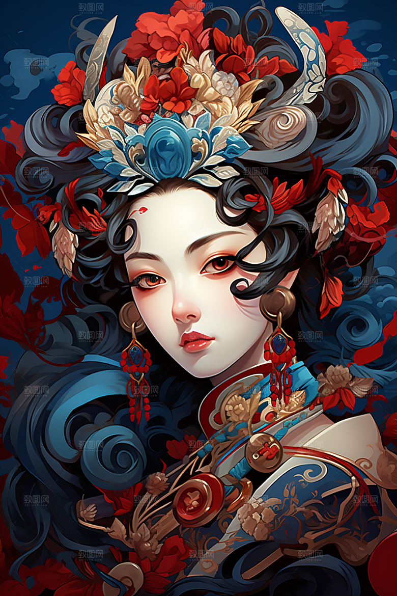 京剧女孩国潮国粹插画