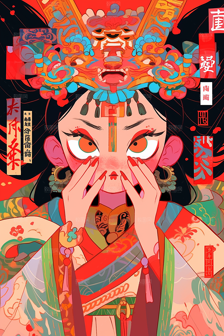 京剧女孩中式国潮插画