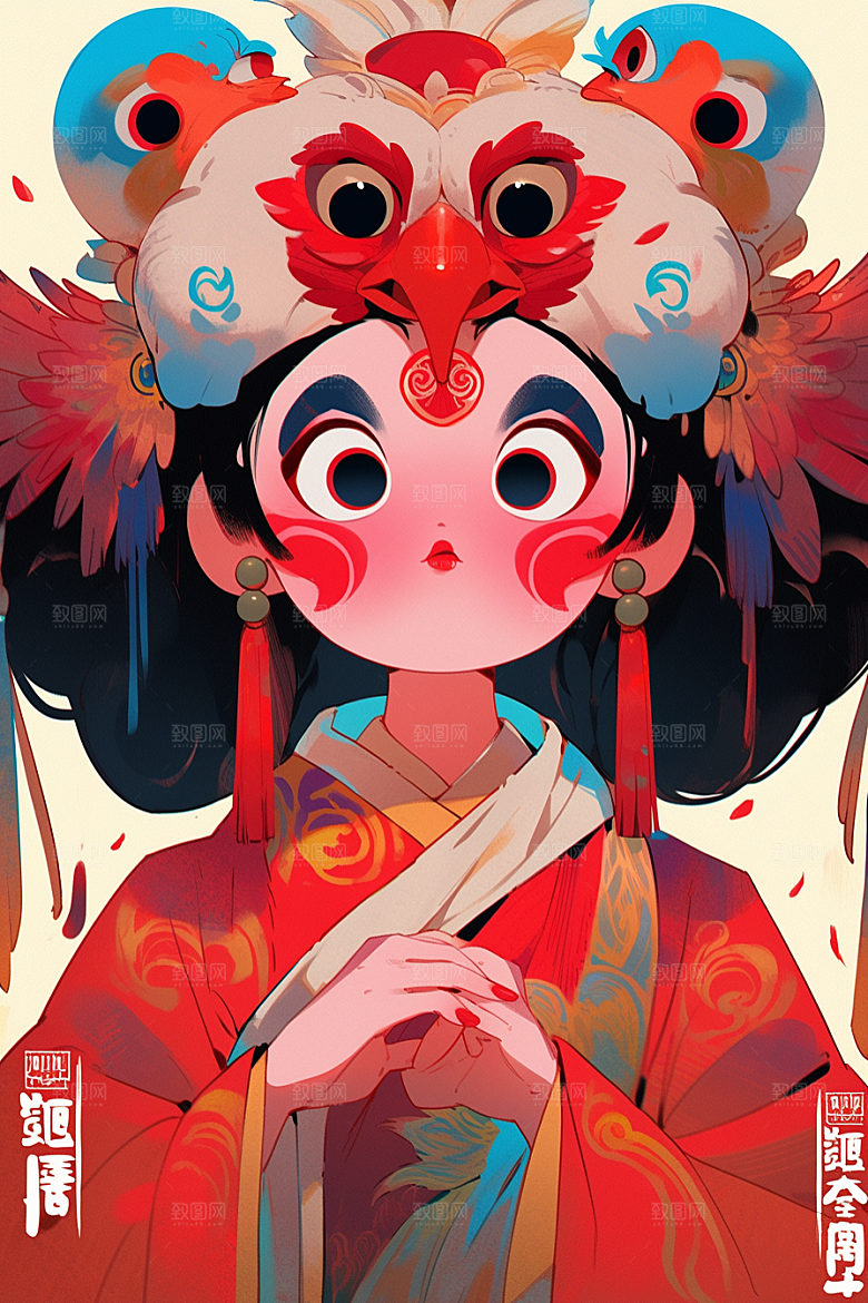 京剧女孩手绘传统风格插画