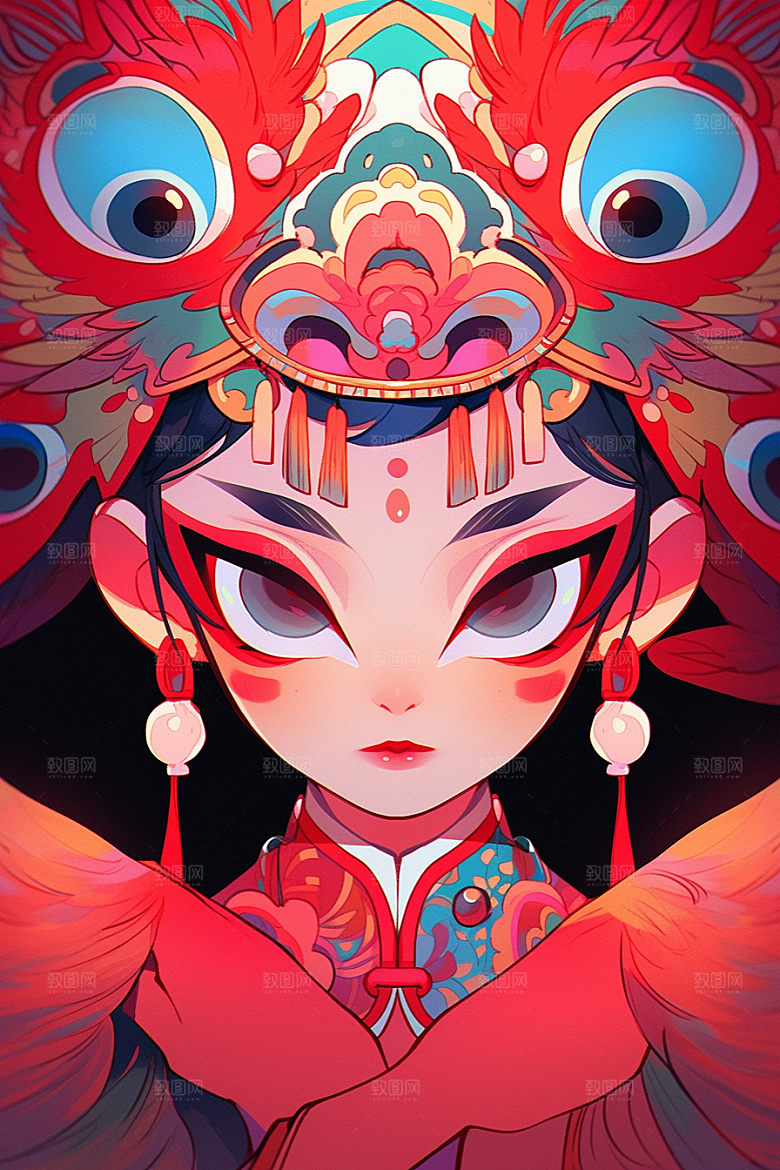 京剧女孩扮相手绘插画
