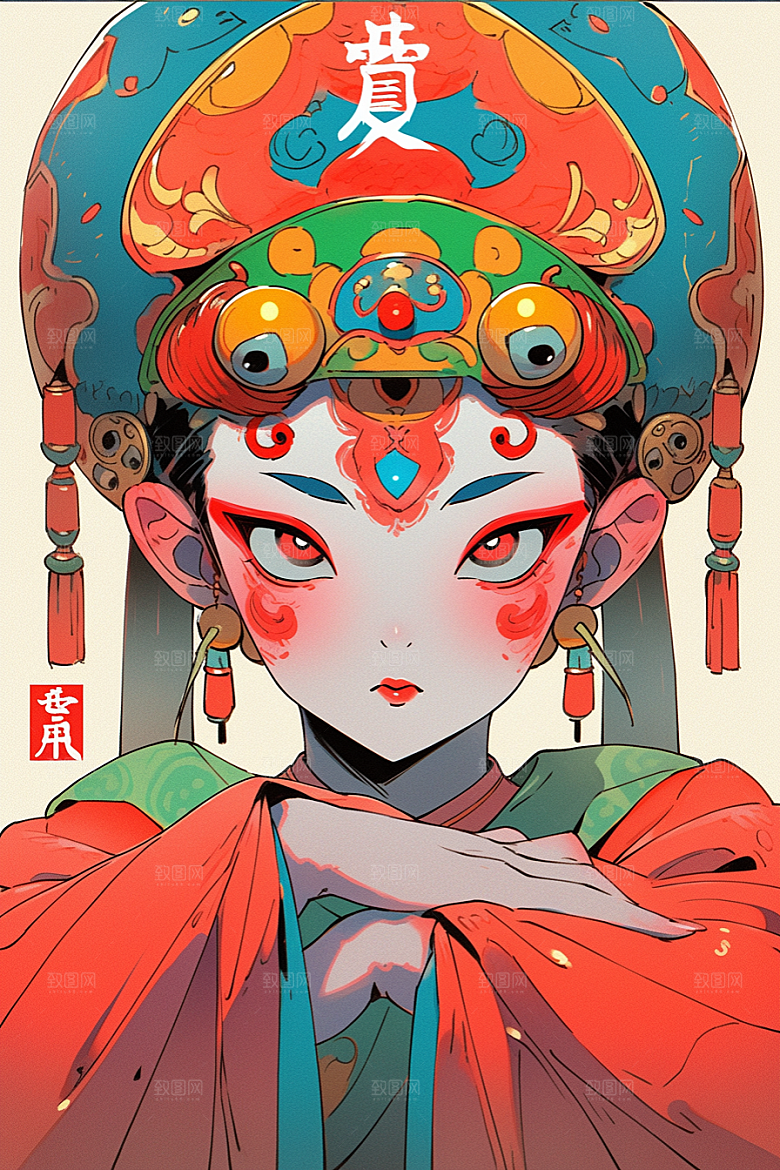 京剧女孩扮相中式插画