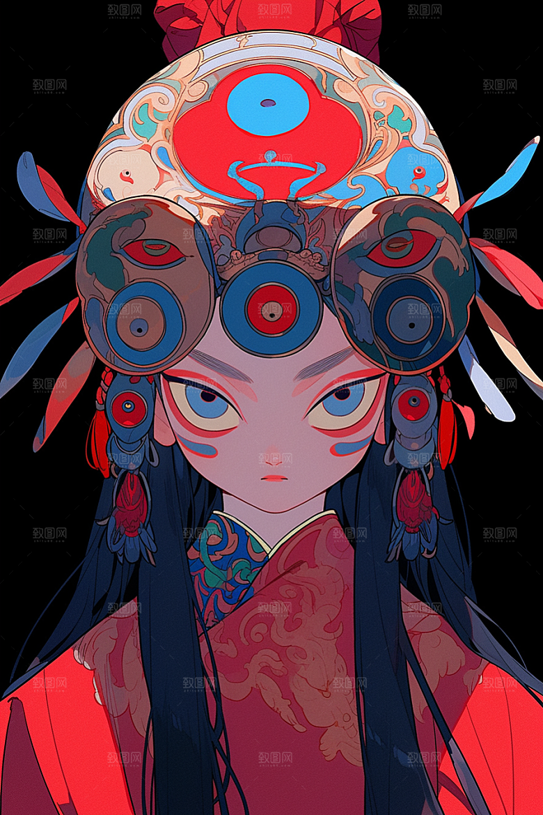 京剧女孩扮相传统风格插画