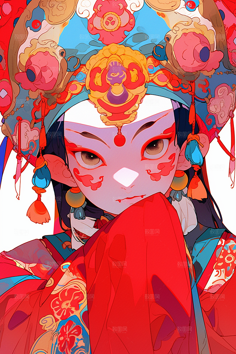 京剧女孩扮相手绘插画