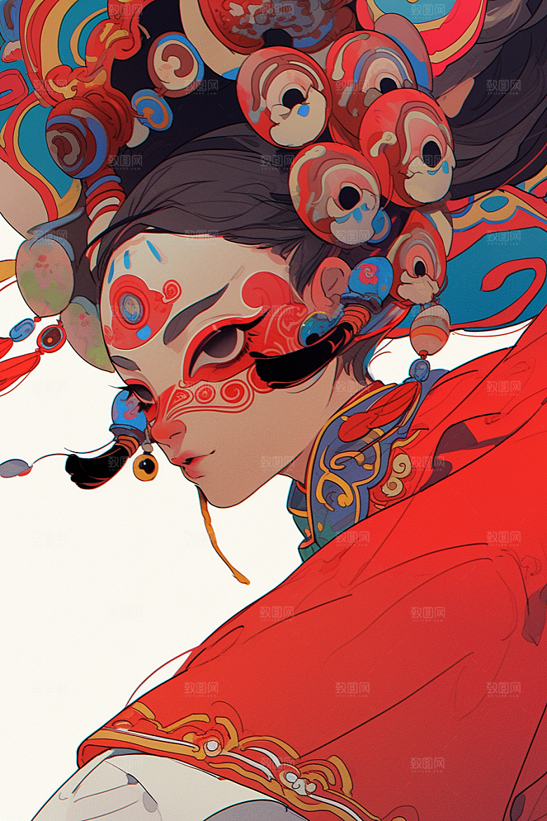 京剧女孩中式传统风格插画