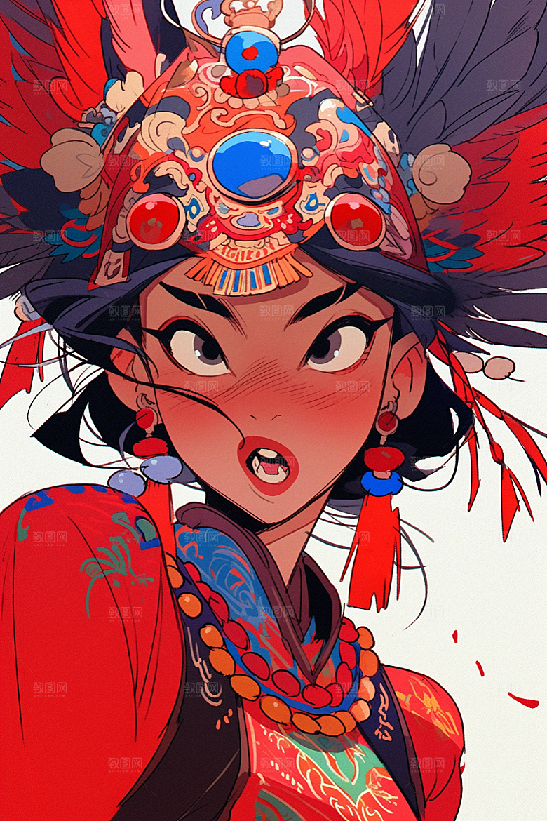 京剧女孩手绘传统风格插画