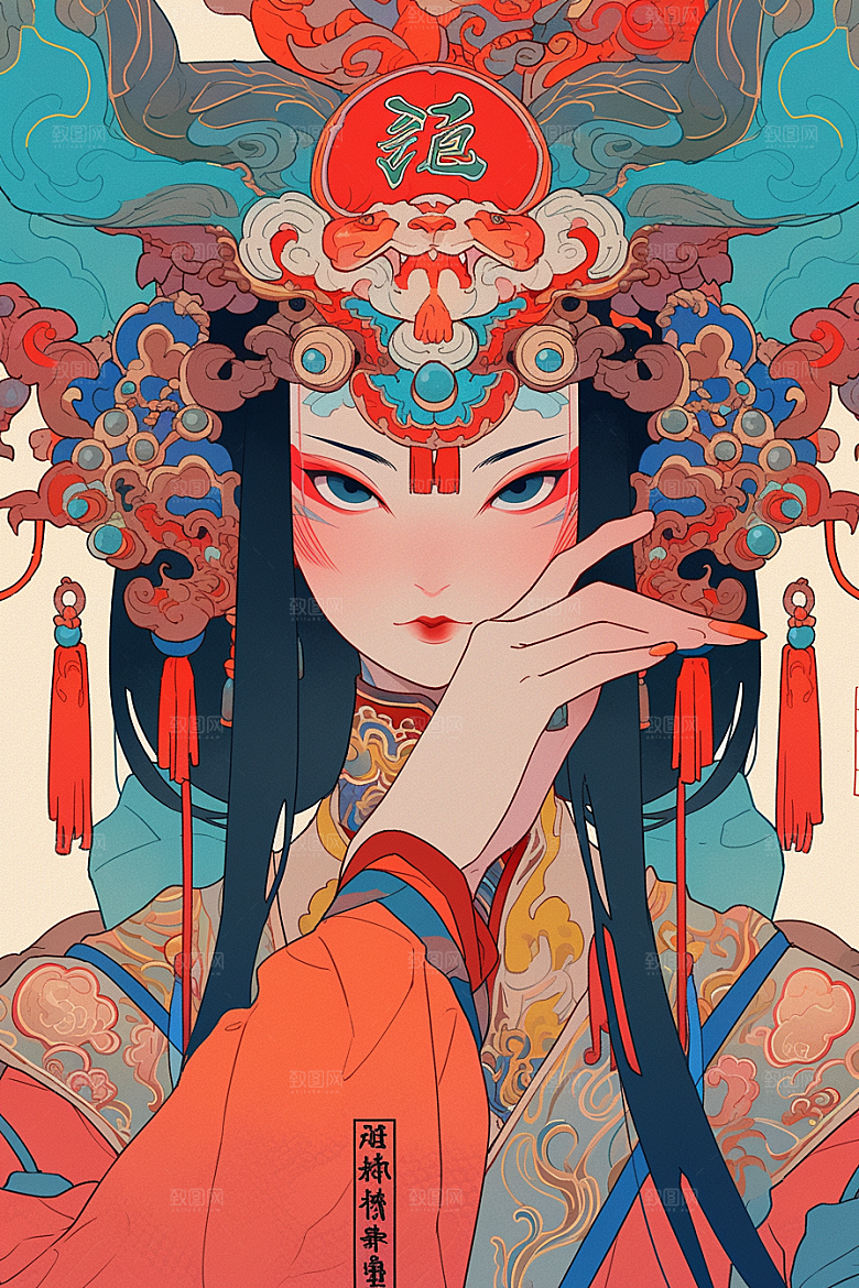 京剧女孩中国风传统风格插画