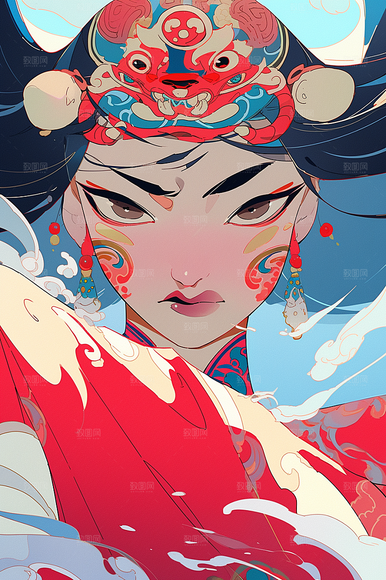 京剧女孩国潮手绘插画