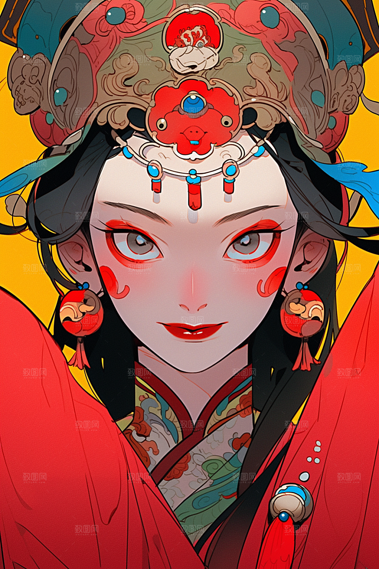 京剧女孩国潮扮相插画