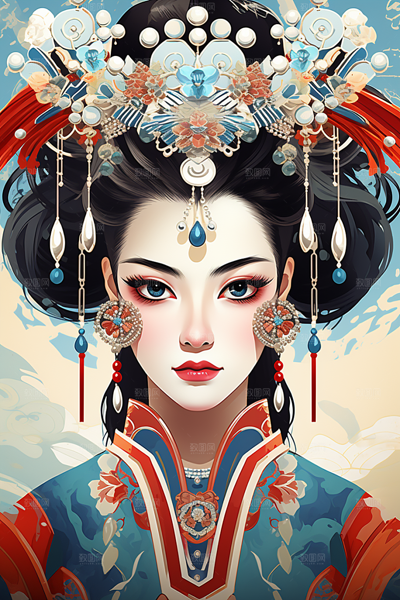 京剧女孩扮相中国风插画