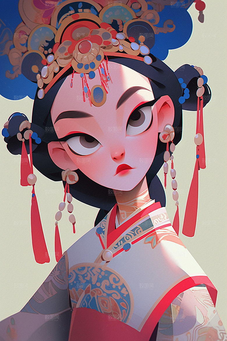 京剧女孩扮相戏剧插画
