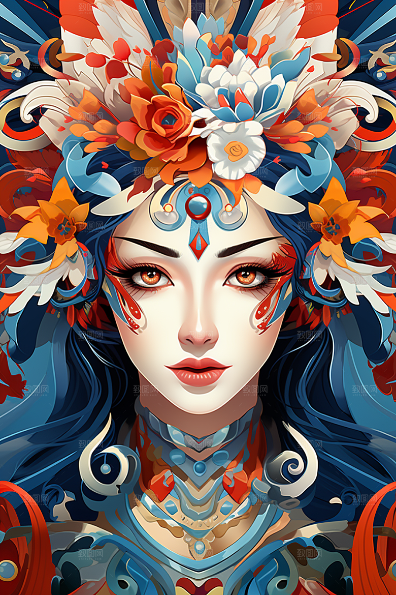 京剧女孩扮相国粹插画