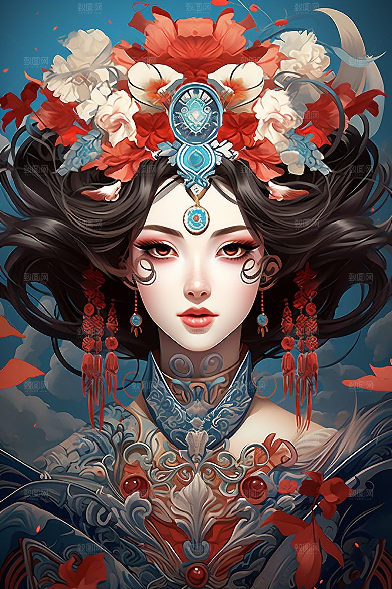 京剧女孩扮相戏剧插画