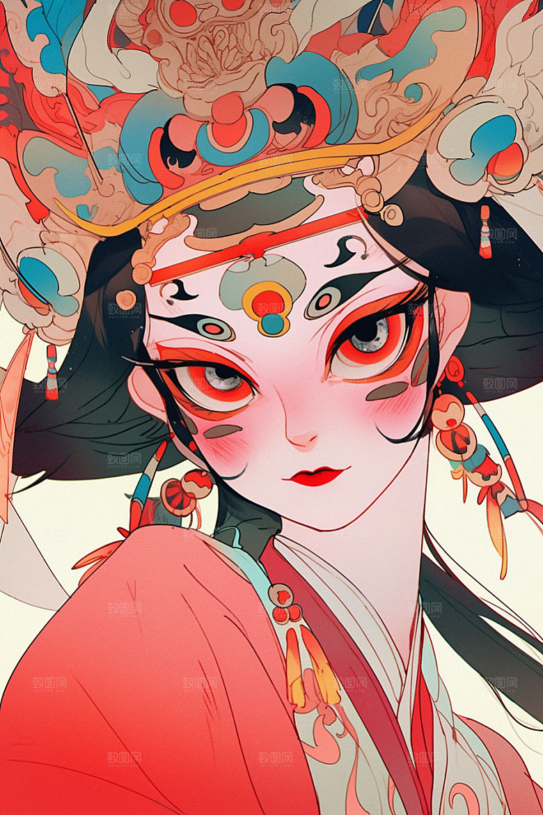 京剧女孩扮相国潮插画