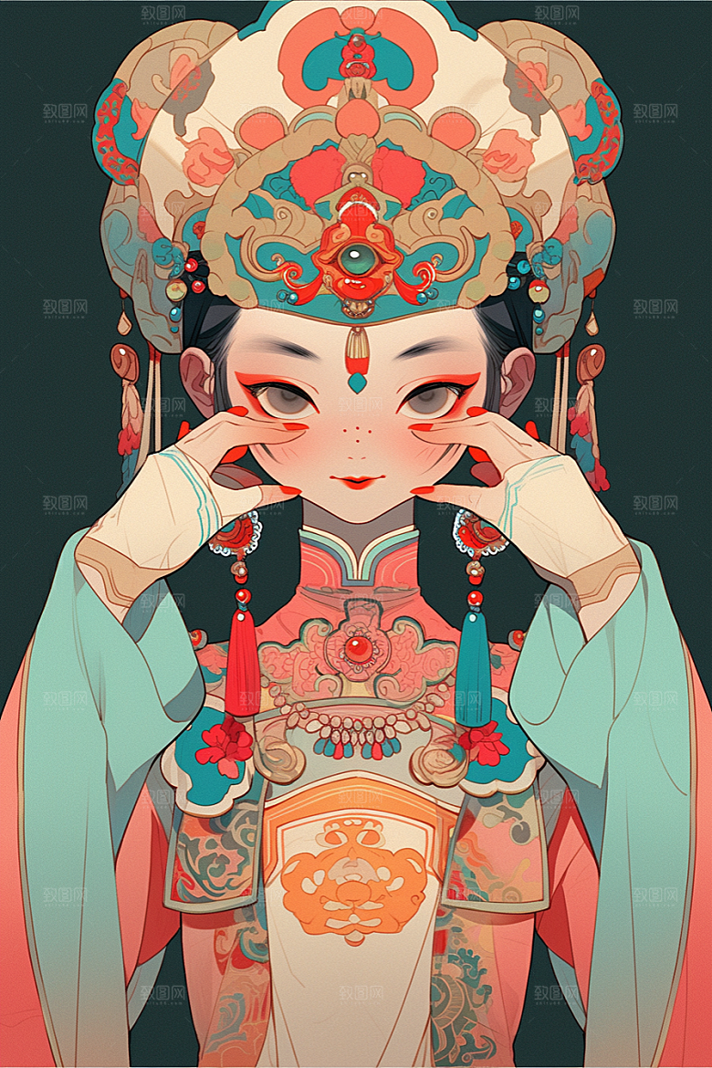 京剧女孩国潮扮相插画