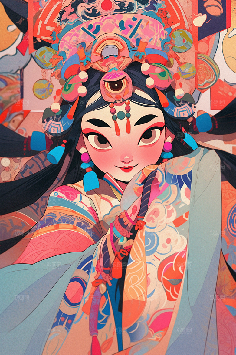 京剧女孩中式国潮插画