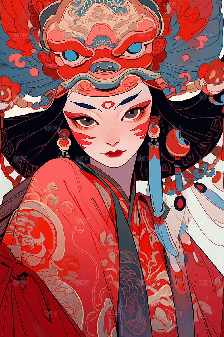 京剧女孩中国风传统风格插画