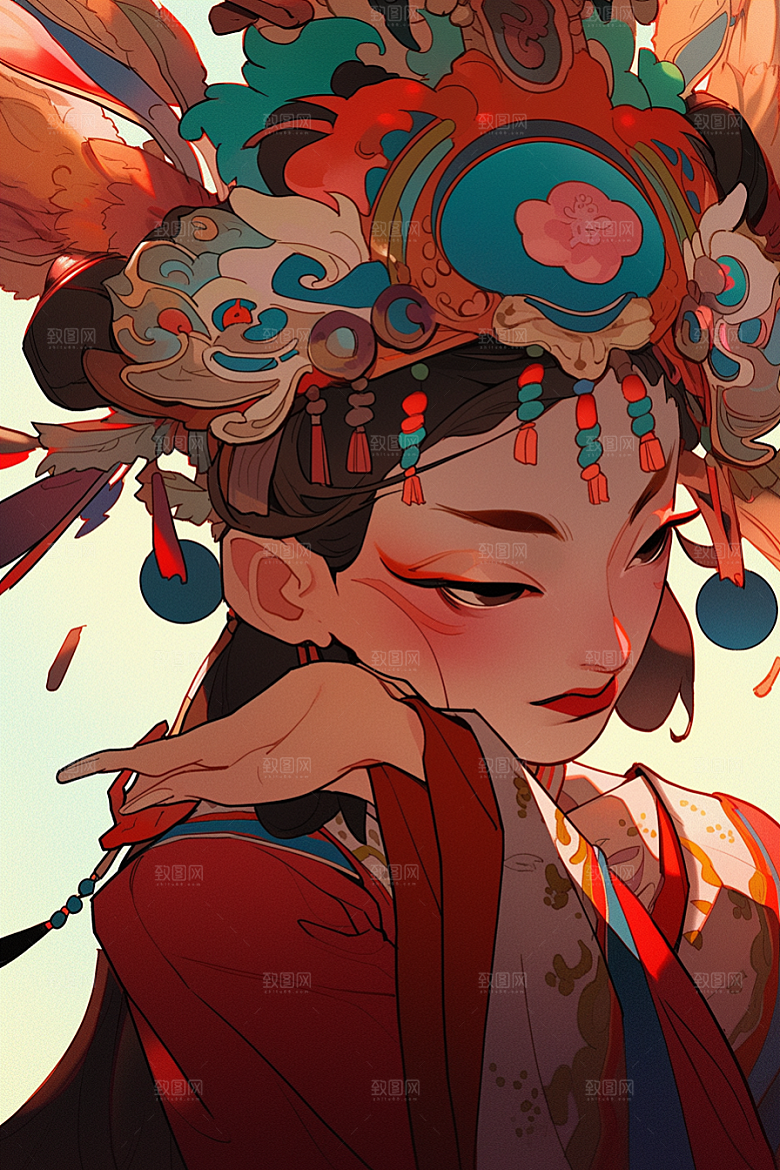 京剧女孩扮相戏剧插画