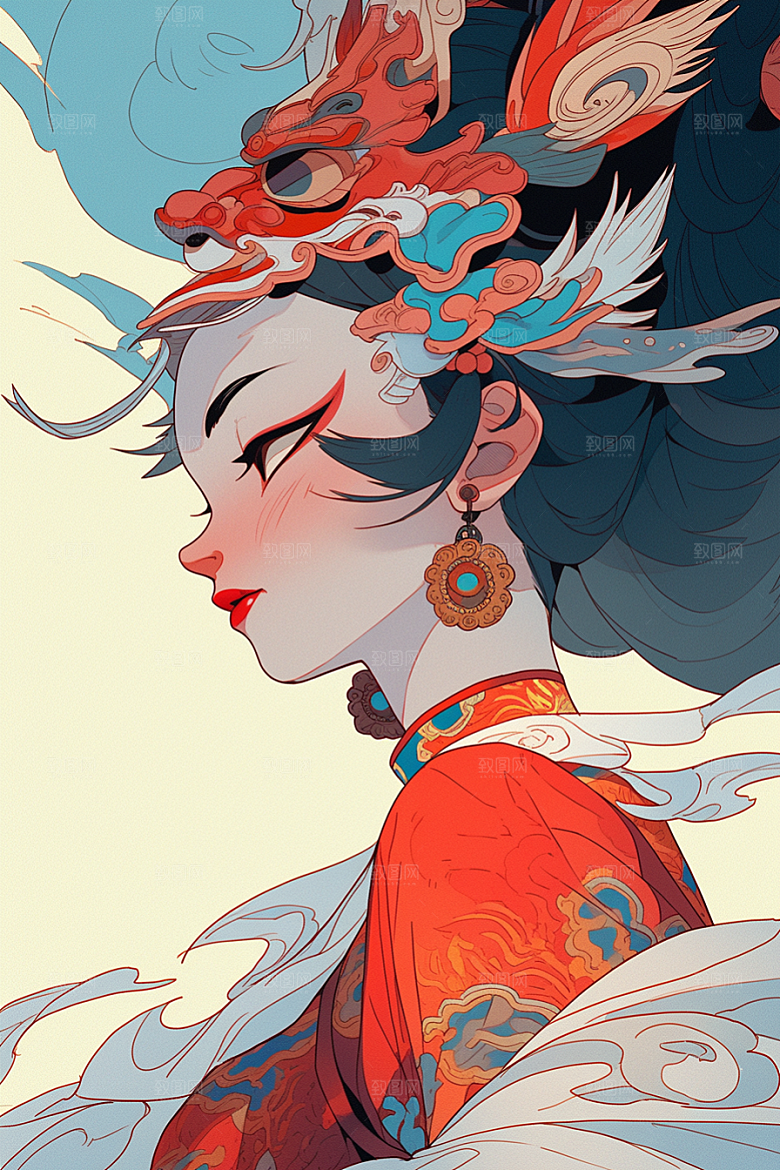 京剧女孩国潮扮相插画