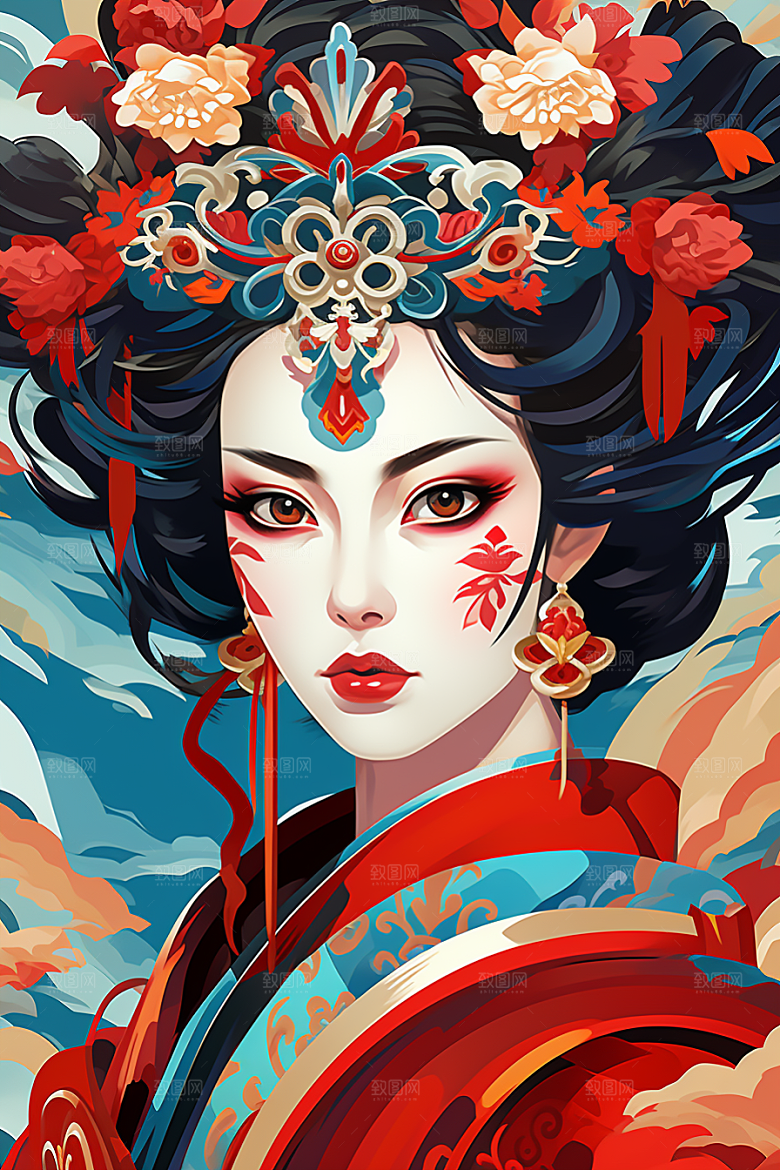 京剧女孩国潮传统风格插画