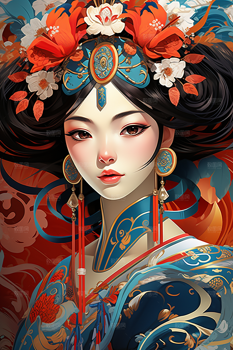 京剧女孩扮相戏剧插画
