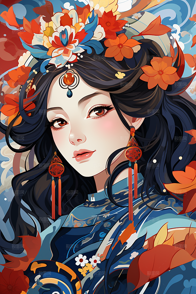 京剧女孩扮相中国风插画