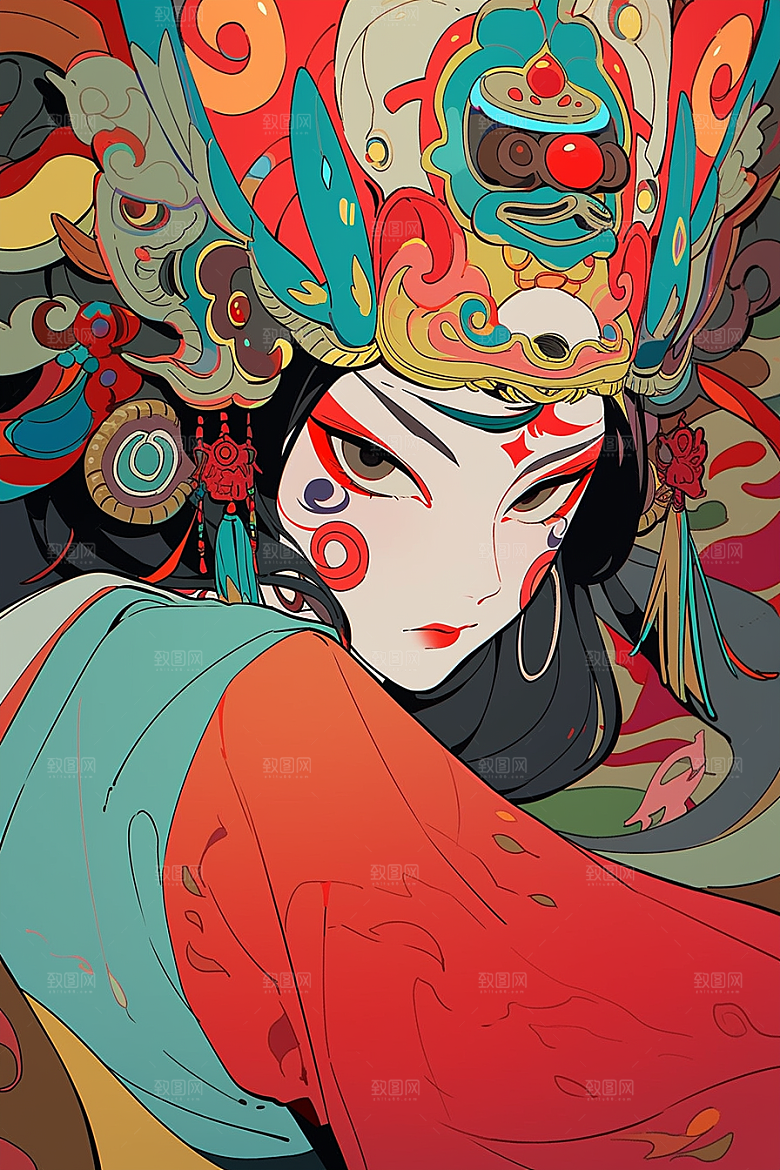京剧女孩中国风中式插画