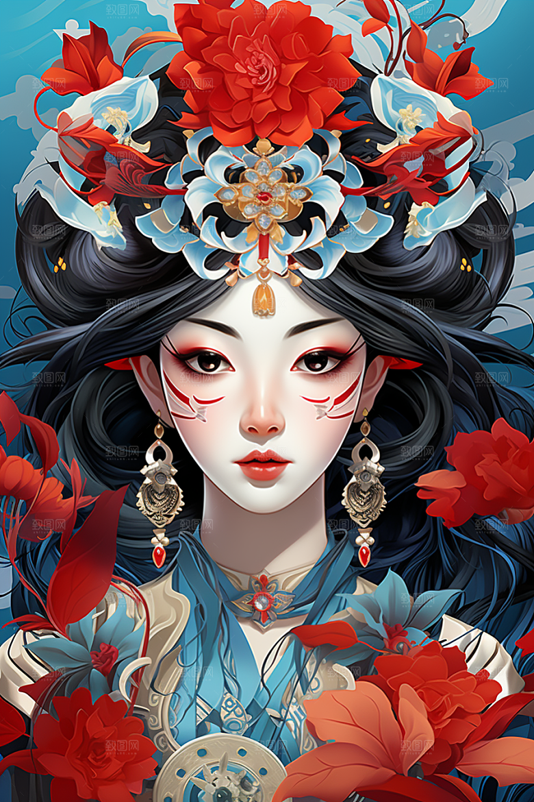 京剧女孩传统风格中式插画
