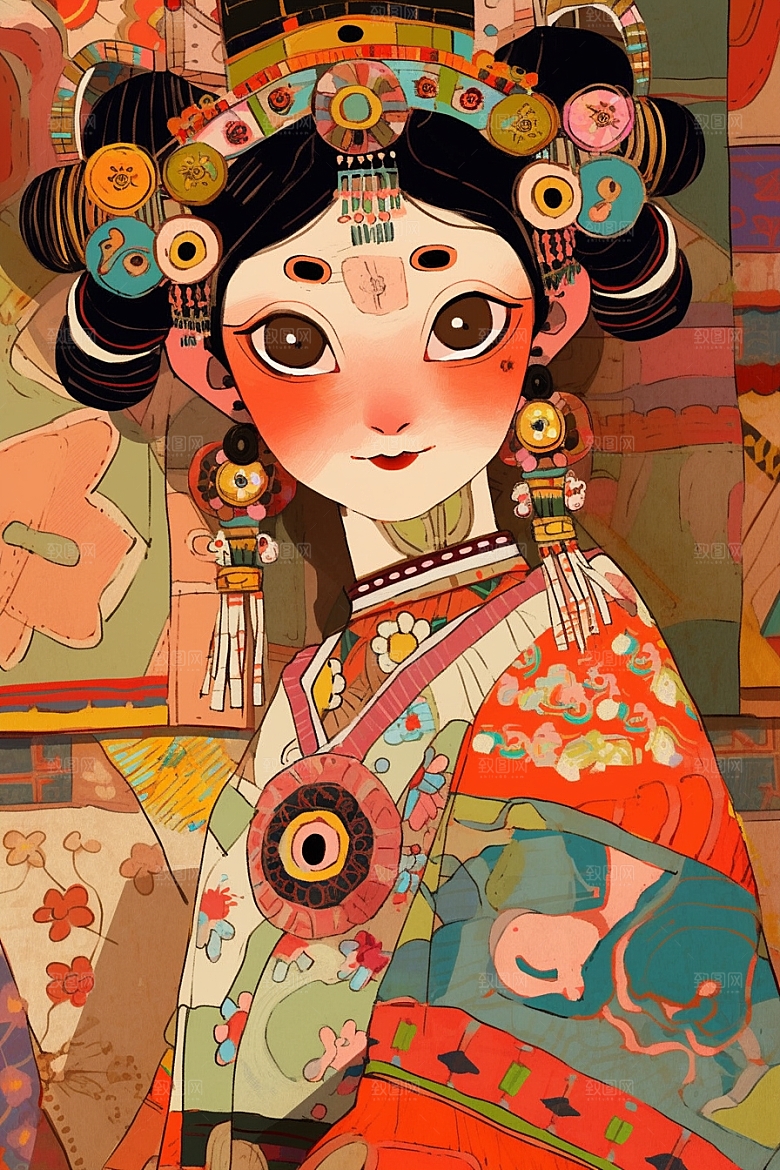 京剧女孩手绘国潮插画