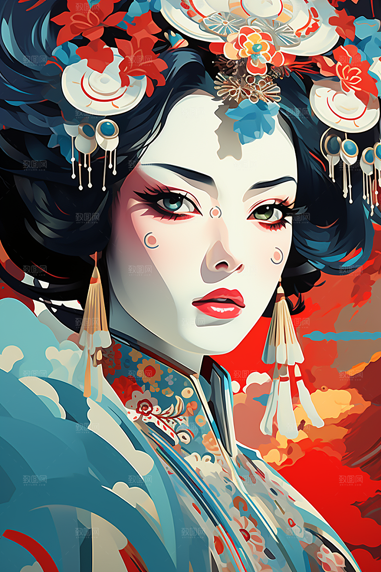 京剧女孩国粹传统风格插画