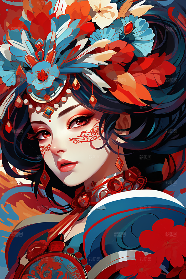 京剧女孩中国风传统风格插画
