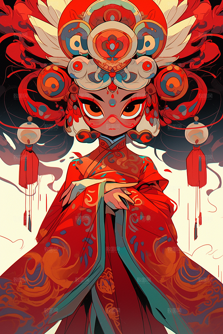 京剧女孩中式手绘插画