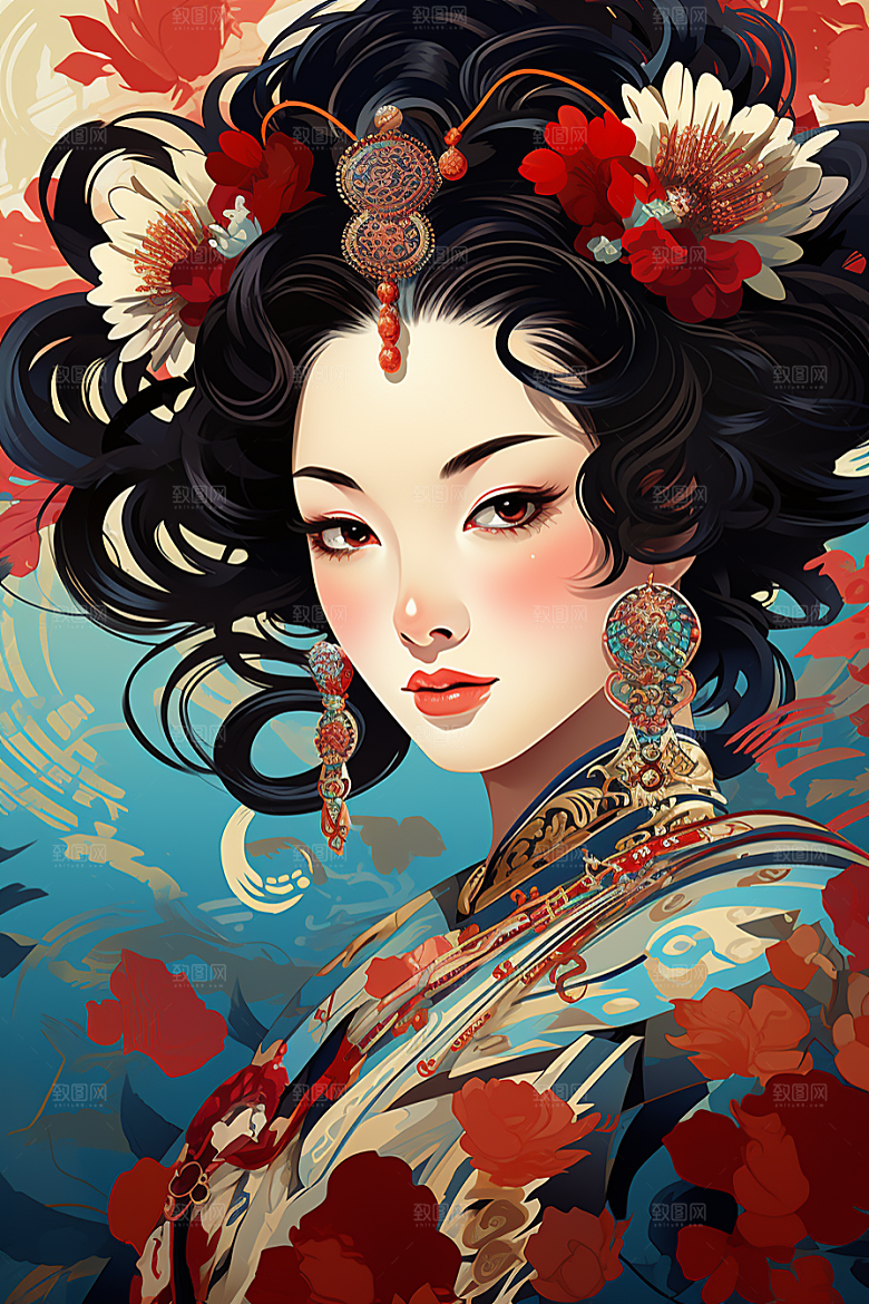 京剧女孩扮相国潮插画