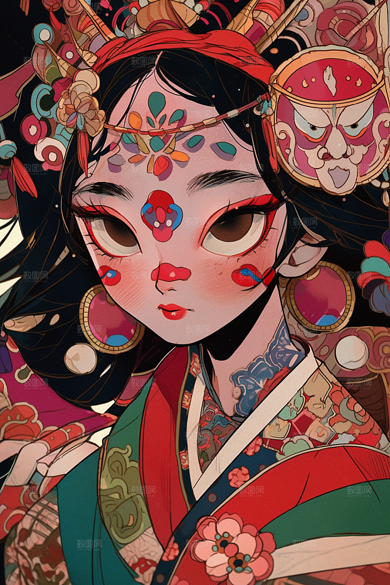 京剧女孩扮相手绘插画
