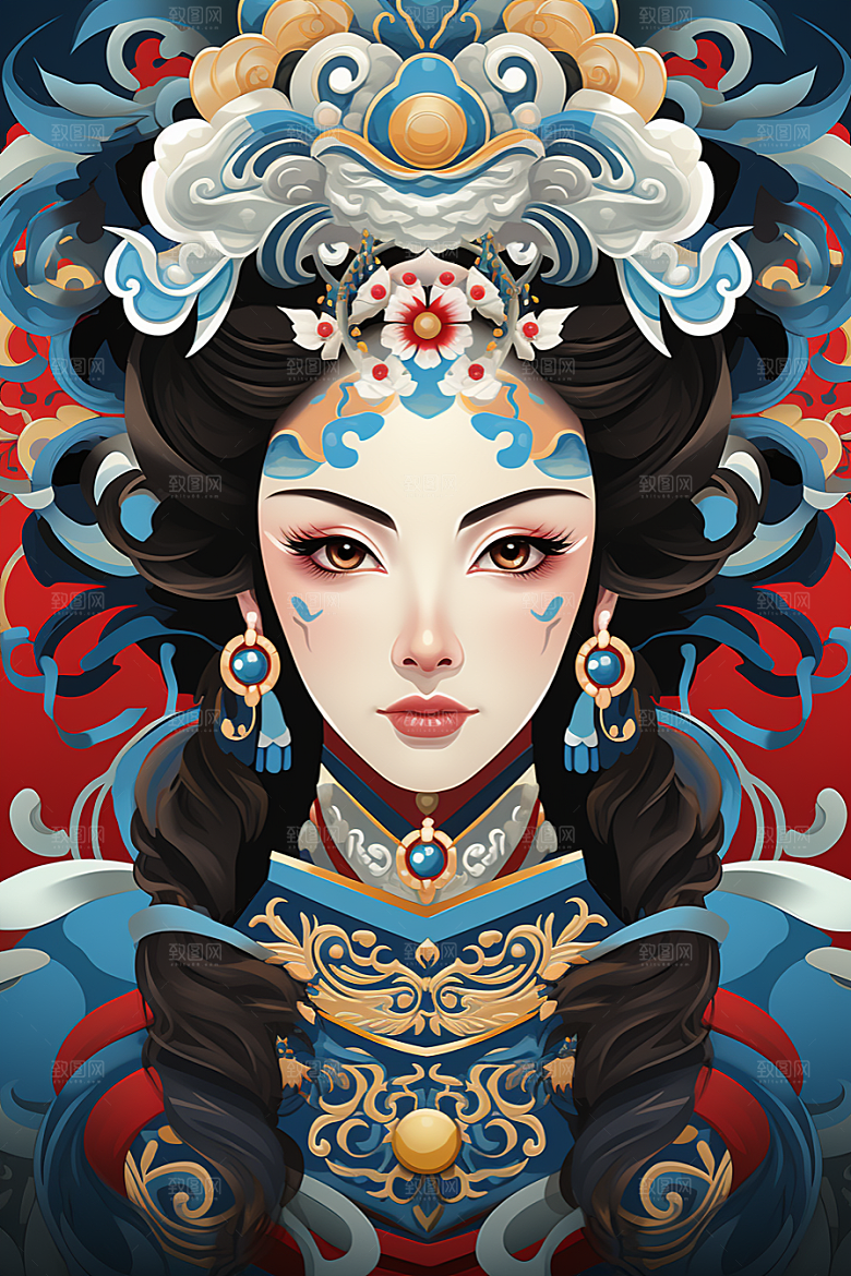 京剧女孩传统风格手绘插画