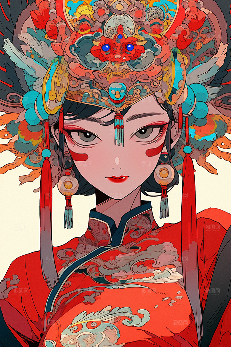 京剧女孩扮相传统风格插画