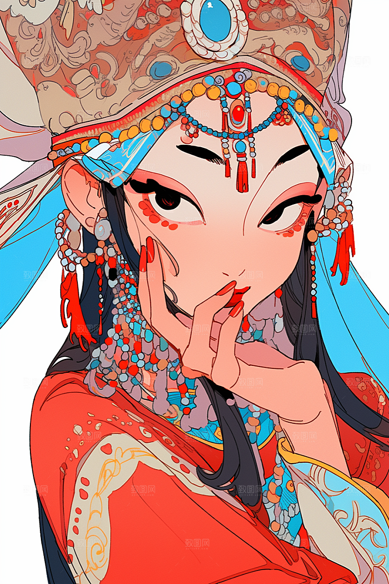 京剧女孩手绘传统风格插画
