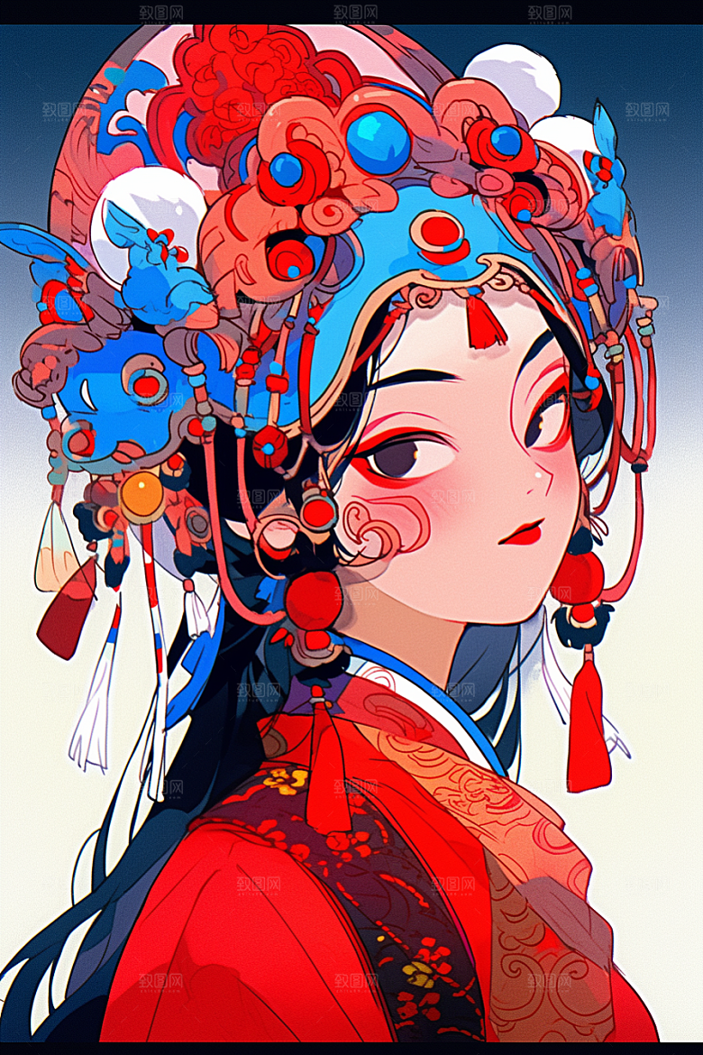 京剧女孩手绘传统风格插画