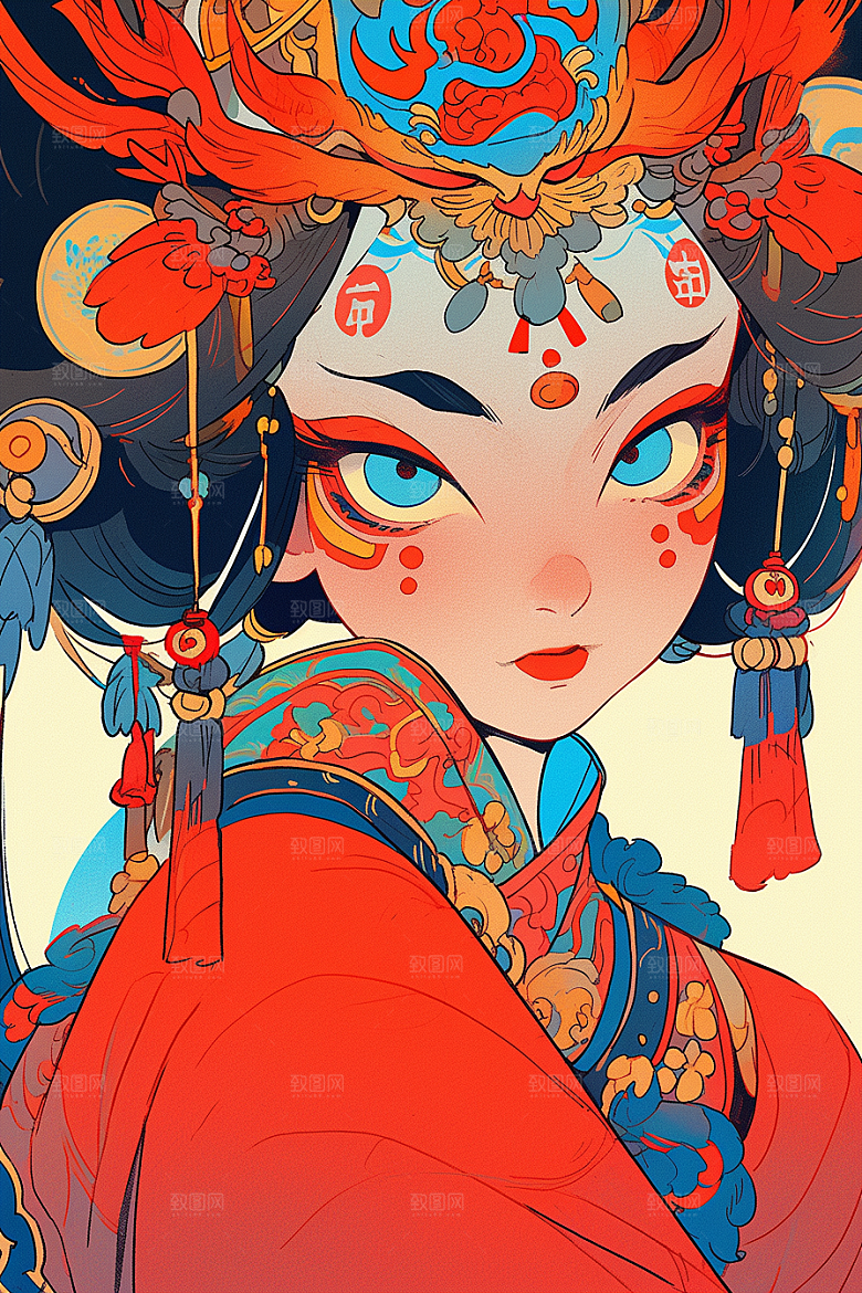京剧女孩扮相传统风格插画