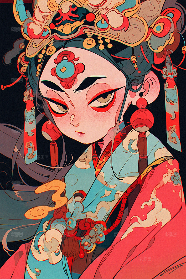 京剧女孩传统风格手绘插画