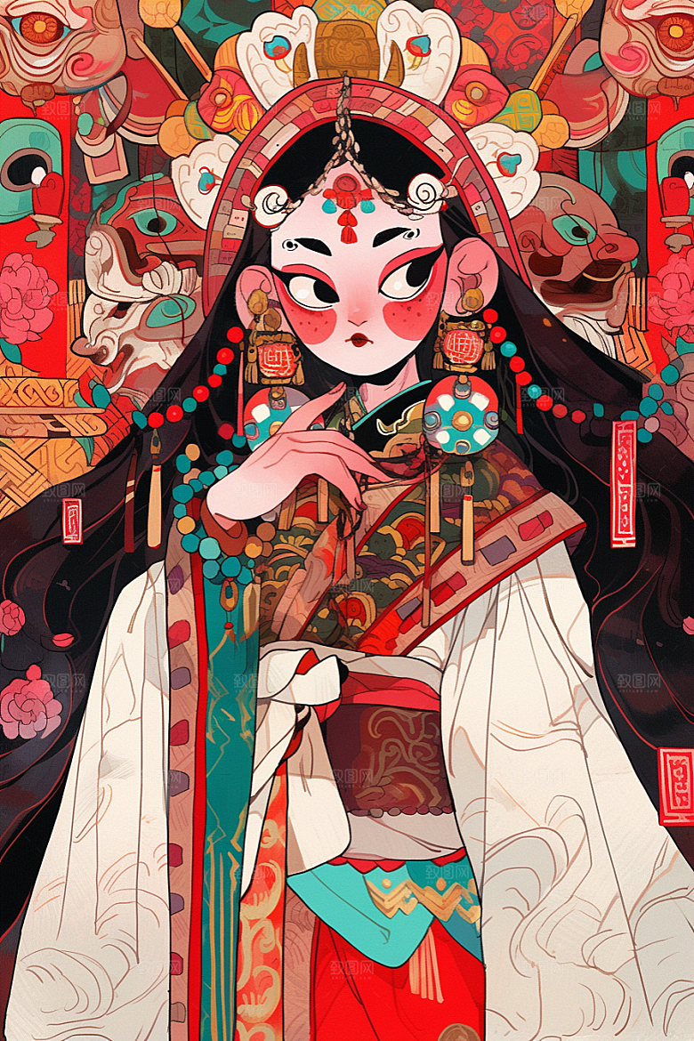京剧女孩中国风中式插画