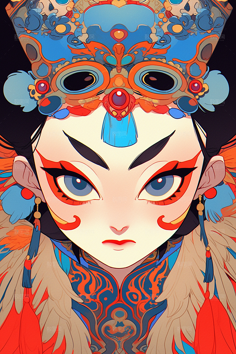 京剧女孩手绘传统风格插画