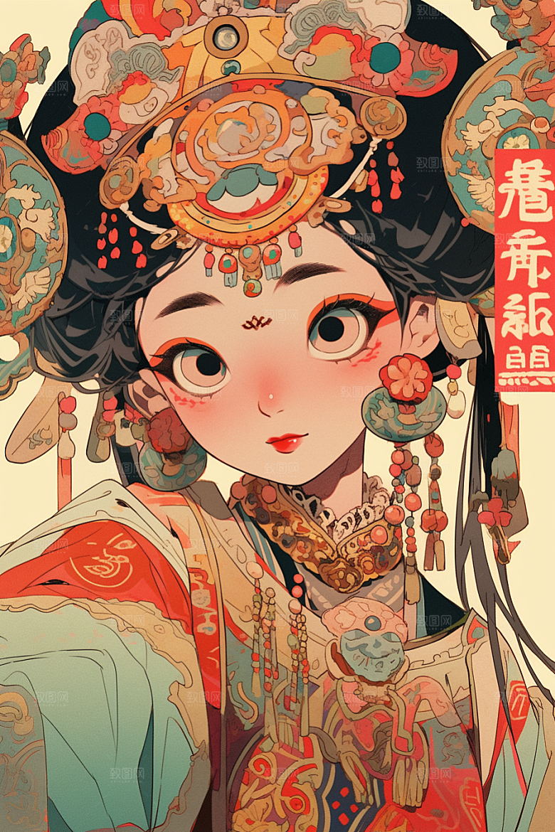 京剧女孩中式手绘插画