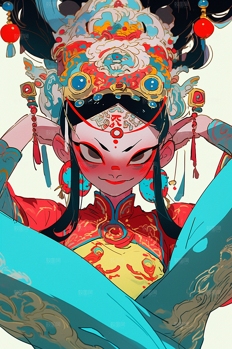 京剧女孩中国风扮相插画