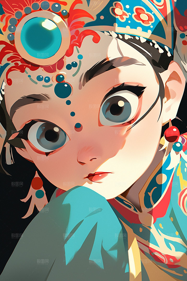 京剧女孩扮相手绘插画