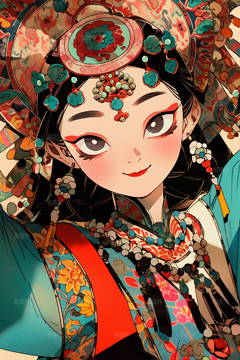 京剧女孩扮相传统风格插画