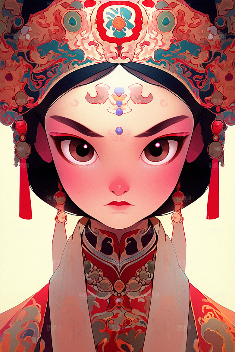 京剧女孩扮相中国风插画