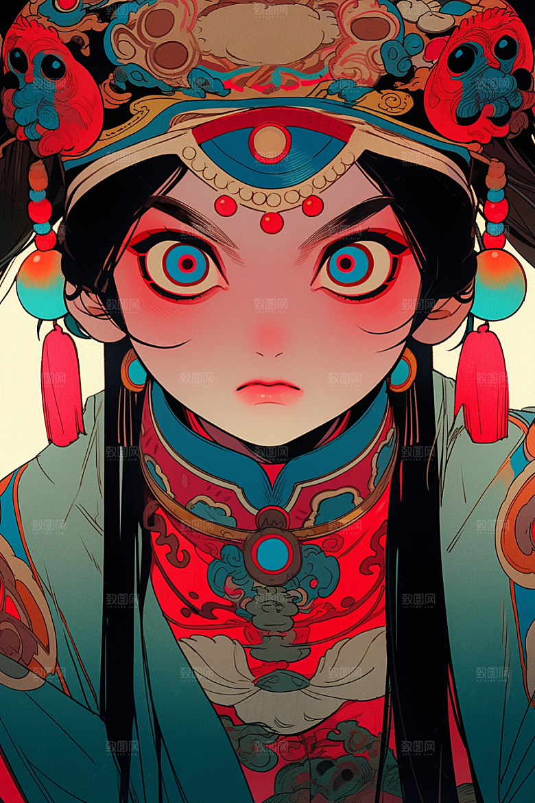 京剧女孩扮相国粹插画