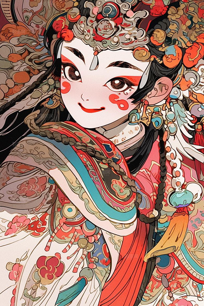 京剧女孩扮相手绘插画