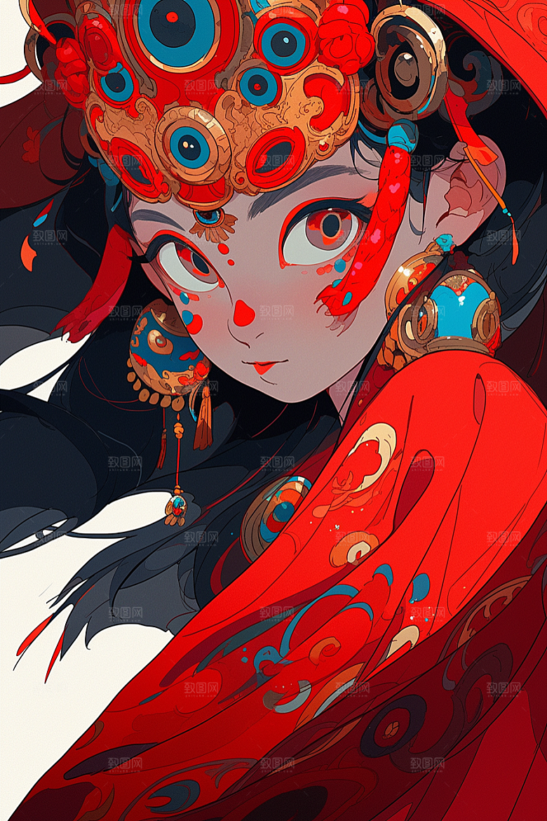 京剧女孩手绘扮相插画