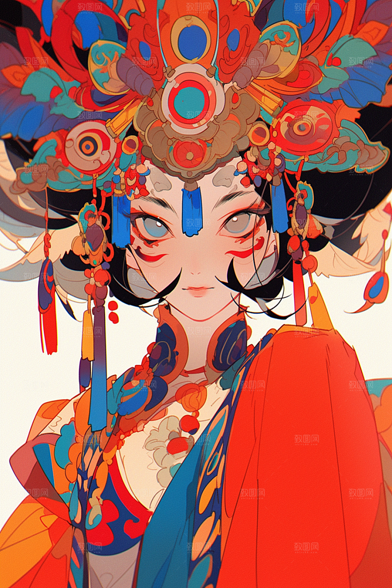 京剧女孩手绘传统风格插画